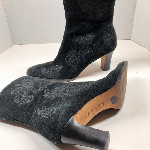 Ralph Lauren Corina Embroidered Black Suede Zipper Boots Size 8B - Picture 2 of 7
